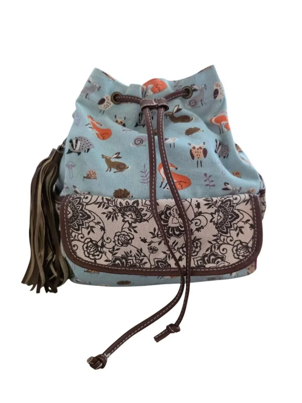 Unionbay Boho Woodland Animal Canvas Mini Backpack Rucksack Floral Tassel EUC